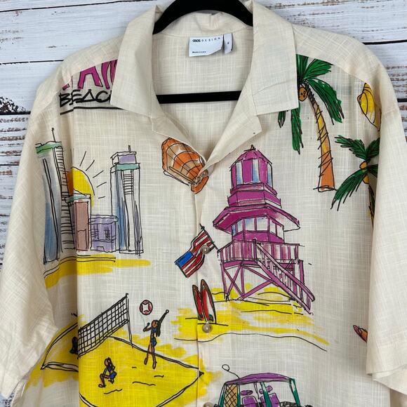 Men's ASOS Designs Button Up Beach Sports Summer Print Cream Button Up Shirt XL - Picture 1 of 6